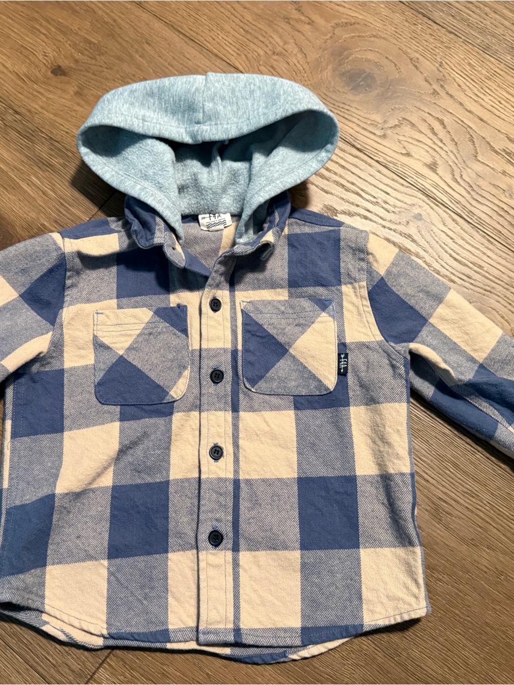 Boys Blue and Cream Plaid Hooded Button-Up Shirt